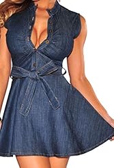 Spring Summer Winter Denim/Polyester/Spandex Belted Long Sleeves Sleeveless Skater Dress 