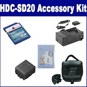 Panasonic HDC-SD20 Camcorder Accessory Kit includes: SDM-130 Charger, KSD2GB Memory Card, SDC-27 Case, ZELCKSG Care & Cleaning, SDVWVBG130 Battery