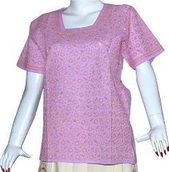 Womens Clothing - Cotton Short Sleeve Top Blouse Chikan Embroidery Size L (ctop354)
