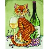 11x14 Decorative Art On Tile - Feline Kitty Cat With Chardonnay Bottle and Glass by 