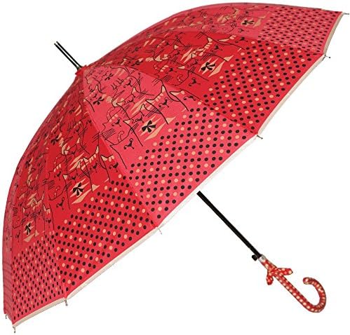 Uniumbrella Polka Dots Cat Animal Print Stick Rain Umbrella, Red