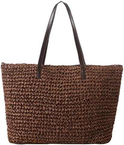 Women's Classic Straw Summer Beach Sea Shoulder Bag Handbag Tote (Dark Coffee)
