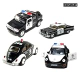 Set of 4 Police Vehicles (5"): Classic Beetle, New Beetle, Chevy Bel Air and Hummer SUT, Pull Back Action Cars.