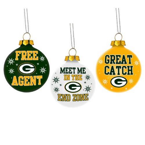 Green Bay Packers Nfl 3 Pack Glass Ball Slogan Christmas Ornament Set