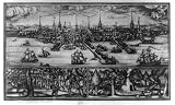 Bird's-eye view of Boston, Massachusetts, with two vignettes of Natives hunting (Reprint measured in inches 24 x 14)