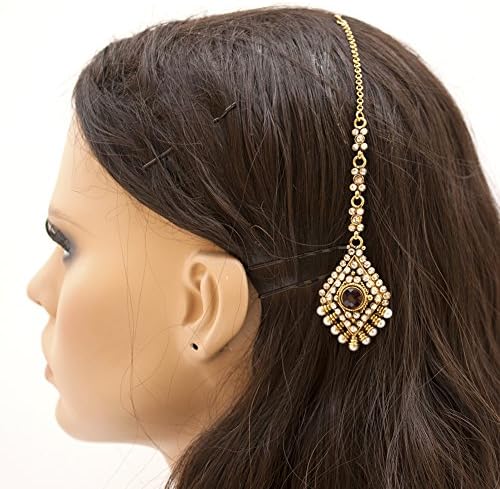 Fashion Gold Plated Maang Tika with Red Glass Stone Pearls and Kundan Stone Ethnic Bollywood Jewelry
