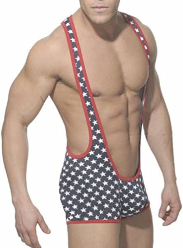 SP FASHION Men Wrestling Singlet American Flag Bodysuit Sexy Jumpsuit (2) Medium : 29-33")