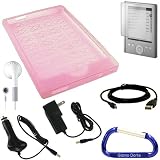 Sony Reader Pocket Edition PRS-300 Rubberized Silicone Skin Case Cover (Pink), Screen Protector, USB Data HotSync / Charging Cable, Car Charger, Wall Charger Power Adapter, Earphones, and a Free Carabiner key Chain