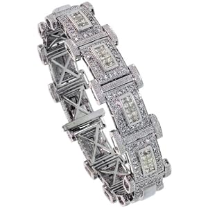 14k White Gold Large Bar Link 8.5 in. Mens Bracelet, w 5.50 Carats Brilliant... by