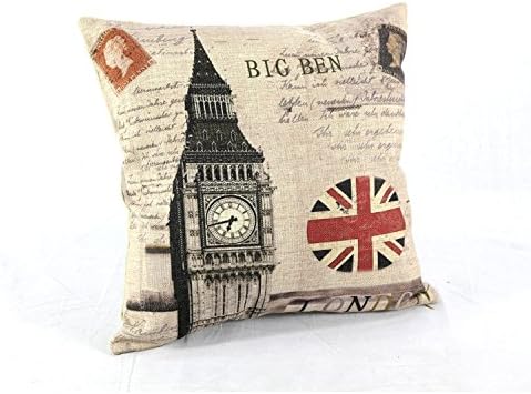 Lfarncomboutlet Retro London Union Jack Big Ben 2147 Cotton Linen Square Throw Pillow Case Cushion Cover 18 x 18 Inches