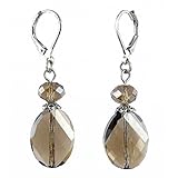 Earrings - E484 - Faceted Curved Flat Oval Polished Glass Beads Hung on Silver Tone Leverbacks ~ Smoky Quartz (Brown Gray)