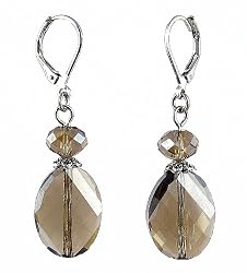 Earrings - E484 - Faceted Curved Flat Oval Polished Glass Beads Hung on Silver Tone Leverbacks ~ Smoky Quartz (Brown Gray)