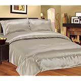 4 Pieces Soft Reversible Satin Solid Silver Duvet Cover , Fitted Sheet, and Pillowcase Set for King Bed