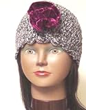 Hand Crocheted Grey Color Chenille and Rayon Cotton Gimp Tweed Skull Cap for Women and Teens Trimmed with One Purple Color Velvet Rosette