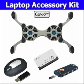 Ceivio 4 Pc. Accessory Kit for the Toshiba Satellite L505D-S5983 Laptop - Includes Compact Folding Dual Fan USB Powered Cooling Pad, Wireless Optical Mouse, All-in-one Card Reader and Slim 4-port USB Hub