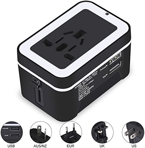CoolingTech Universal International All-in-One Worldwide Travel Adapter Adaptor Wall Charger AC Power Plug Adapter Charger, Dual USB Port 2.4A, For USA UK EU AUS - Black