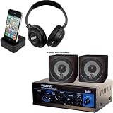 Pyle Audio System for Home, Studio, Bar etc. PTA2 Mini 2X40W Stereo Power Amplifier - PCB3BK 3'' 100 Watt Black Mini Cube Bookshelf Speaker In Black (Pair) - PIH20 UHF Wireless Headphones with iPhone/iPod Dock Transmitter and Aux Input
