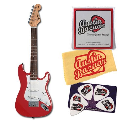 Squier by Fender Mini Bundle with Strings, Pick Card, and Polishing Cloth - Torino Red, Rosewood Fretboard