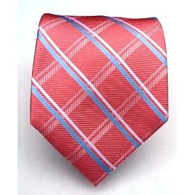 100% Silk Woven Coral Grid Stripe Extra Long Tie