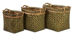 Set of 3 Green Egyptian Crossweave Baskets with Wood Handles