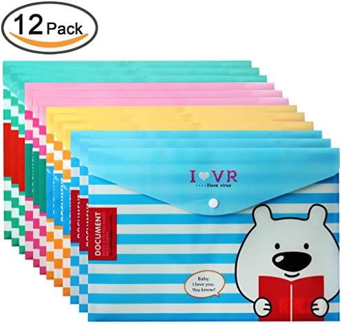 JX Hornet Premium Lovely Animal Cartoon Printed Letter/A4 Booklet Document File Envelope Folder Holder Organizer Bag ,With Snap Button,Soft Plastic Quality,Different Colors,Size 9"13" ,Pack of 12 Pcs