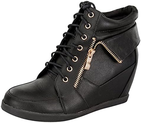 Top Moda PETER-30 Women's Lace Up High Top Collar Fashion Sneaker Wedge Bootie - Black PU,8 B(M) US,Black Pu