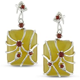 Silver 12-1 3ct Yellow Jade and Garnet Earrings by Amour