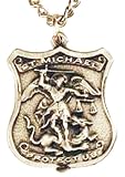 St. Michael Badge Pewter Medant with Bright Cut Accents 15/16"w X 1-1/16"h ,24" Stainless Steel Chain Necklaces