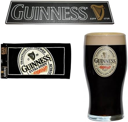 Guinness Barware Pack - PVC Bar Mat, English Label Bar Towel &amp; Guinness Oval Label 20oz Glass 24 Pac