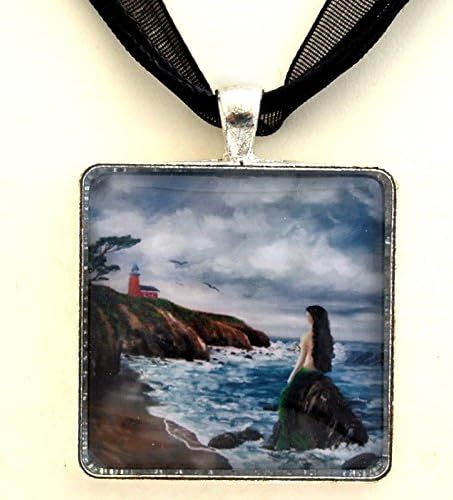 Mermaid Jewelry Santa Cruz Lighthouse Handmade Pendant California Seascape Fantasy Necklace Grey Clouds