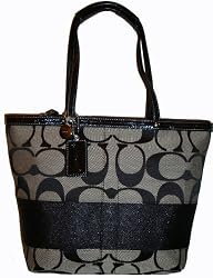 Women's Coach Purse Handbag Signature Stripe Tote Black/White 13548