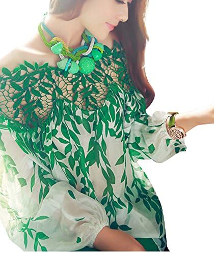 Keral Hollow Tree Leaves Slash Neck Strapless Silk Printed Chiffon Lace Shirt_Green_XL