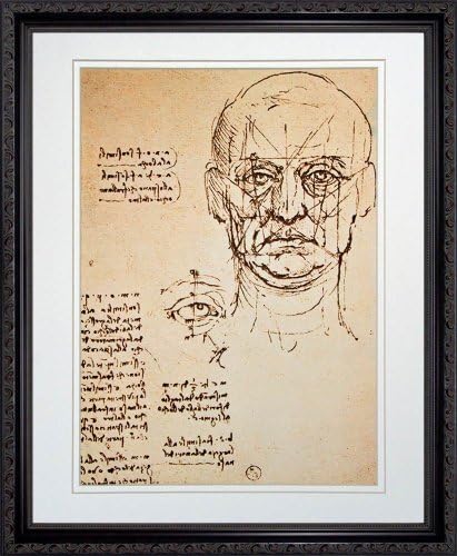 Study of Face and Eye by Leonardo da Vinci. Framed Art Print Poster. Custom Made Real Wood Dark Mahogany with Black Trim Frame (18 1/8 x 22 1/8)