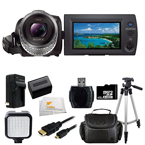 Sony HDR-PJ340/B HDRPJ340 PJ340 Full HD Camcorder w/ built-in Projector + 32GB Bundle 9PC Accessory Kit. Includes 32 MicroSD Memory Card + Extended Life Replacement Battery (NP-FV70) + Micro HDMI + Tripod + Case + LED Video Light + More