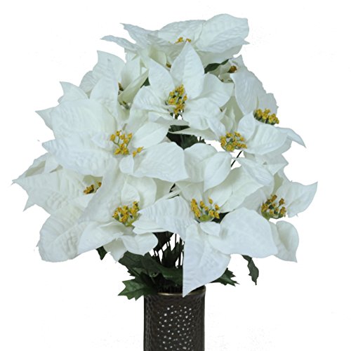 Sympathy Silks Artificial Cemetery Flowers – Realistic Vibrant Roses, Outdoor Grave Decorations - Non-Bleed Colors, and Easy Fit -White Poinsettia Bouquet