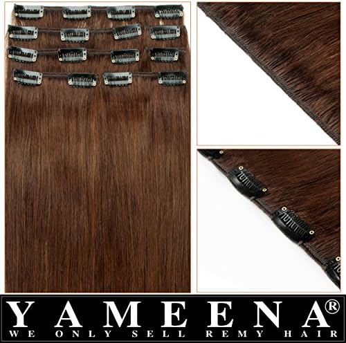 Yameena® 100% Remy Human Hair Extension Clip in Extensions 9 Pieces 16"-22" 8 Colors 120-125g (16"-18" 9pcs 125g, Chocolate Brown 4)