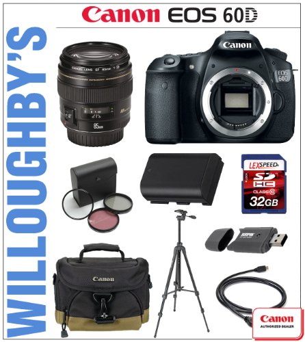 Canon EOS 60D 18 MP CMOS Digital SLR Camera Body with Canon EF 85mm f/1.8 USM Lens + LEXSpeed 32GB SDHC Class 10 Memory Card + Canon LPE6 Spare Battery + 3pc Essential Multi-Coated Filter Kit + Sunpak 6600DX Digital Tripod + Canon Deluxe Gadget Bag &amp; Much More! Willoughby's Est. 1898 Classic Portrait Bundle