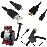 GTMax Black Car Charger + USB Sync Data Cable + Micro HDMI to HDMI Cable + Car Mount Holder for AT&T, Verizon Samsung GALAXY S2 / SII I9100