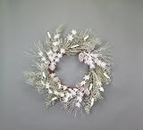 Melrose White  Frosted Winter Wreath with Stems of Snowflakes and Frosted Cones, Measures 23-Inch
