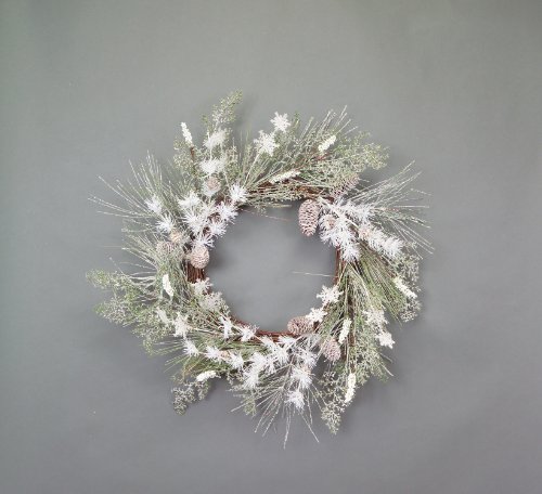 Melrose White  Frosted Winter Wreath with Stems of Snowflakes and Frosted Cones, Measures 23-Inch