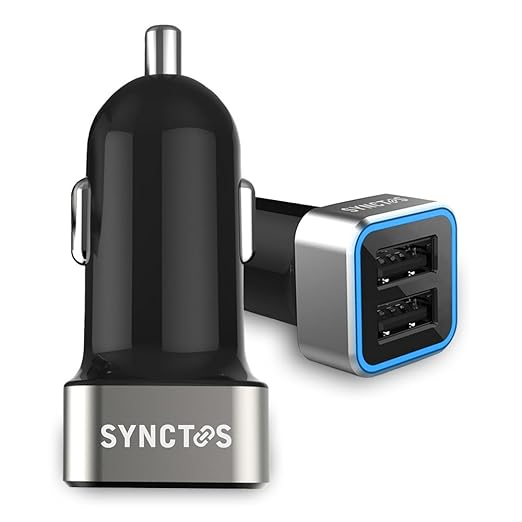 Powerful & Compact Dual USB Car Charger 24W / 4.8A from Synctos to Charge Your Phone / Tablet Fast & Safe. Compatible w/ Apple iPhone / iPad / iPod / Samsung Galaxy / HTC / LG / Android / GPS (Black)
