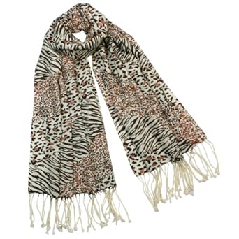100% Pashmina/cashmere Brown Leopard Zebra Animal Print Stripes Tassel Ends Long Scarf Shawl