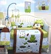 SoHo Froggies Party Baby Infant Crib Nursery Bedding Set 10pcs **Reversible Into Morden Blue & Brown Polka Dot Designs **