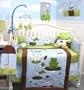 SoHo Froggies Party Baby Infant Crib Nursery Bedding Set 10pcs **Reversible Into Morden Blue & Brown Polka Dot Designs **