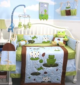 SoHo Froggies Party Baby Crib Nursery Bedding Set 13 pcs included Diaper Bag with Changing Pad & Bottle Case
