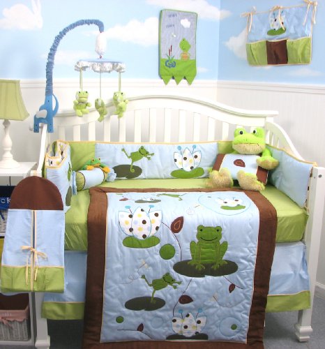 SoHo Froggies Party Baby Infant Crib Nursery Bedding Set 10pcs **Reversible Into Morden Blue & Brown Polka Dot Designs **