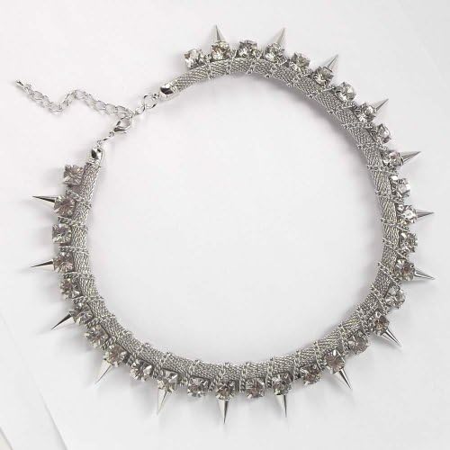 silver spike and crystal studded toned entwined mesh chain choker necklace