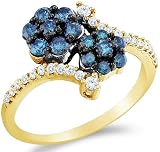 10k Yellow OR White Gold Blue and White Diamond Invisible Set Cross Over Round Cut Ladies Anniversary Fashion Ring Band (3/4 cttw)