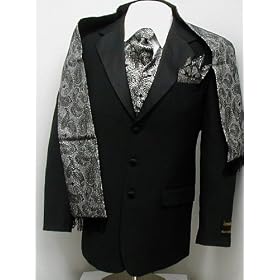 New Mens Eight Piece (8pc) Complete Tuxedo - Black and Silver - Jacket, Pants, Vest, Shirt, Tie,...