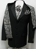 New Mens Eight Piece (8pc) Complete Tuxedo - Black and Silver - Jacket, Pants, Vest, Shirt, Tie, Scarf, Handkerchief, and Cummerbund Included